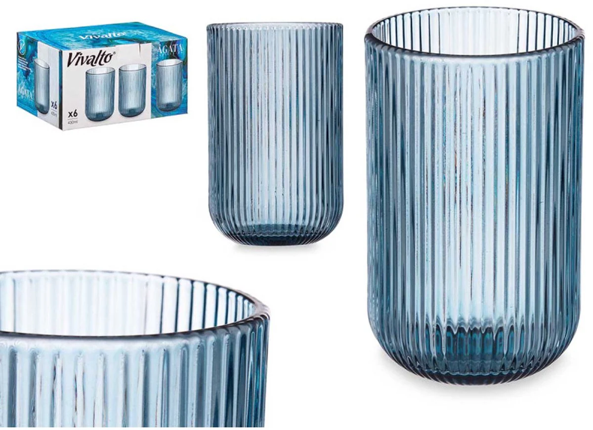 Vivalto Geribbelde Longdrinkglazen - Set van 6 - Blauw - 430ml - Waterglazen - Sapglazen - Afbeelding 2