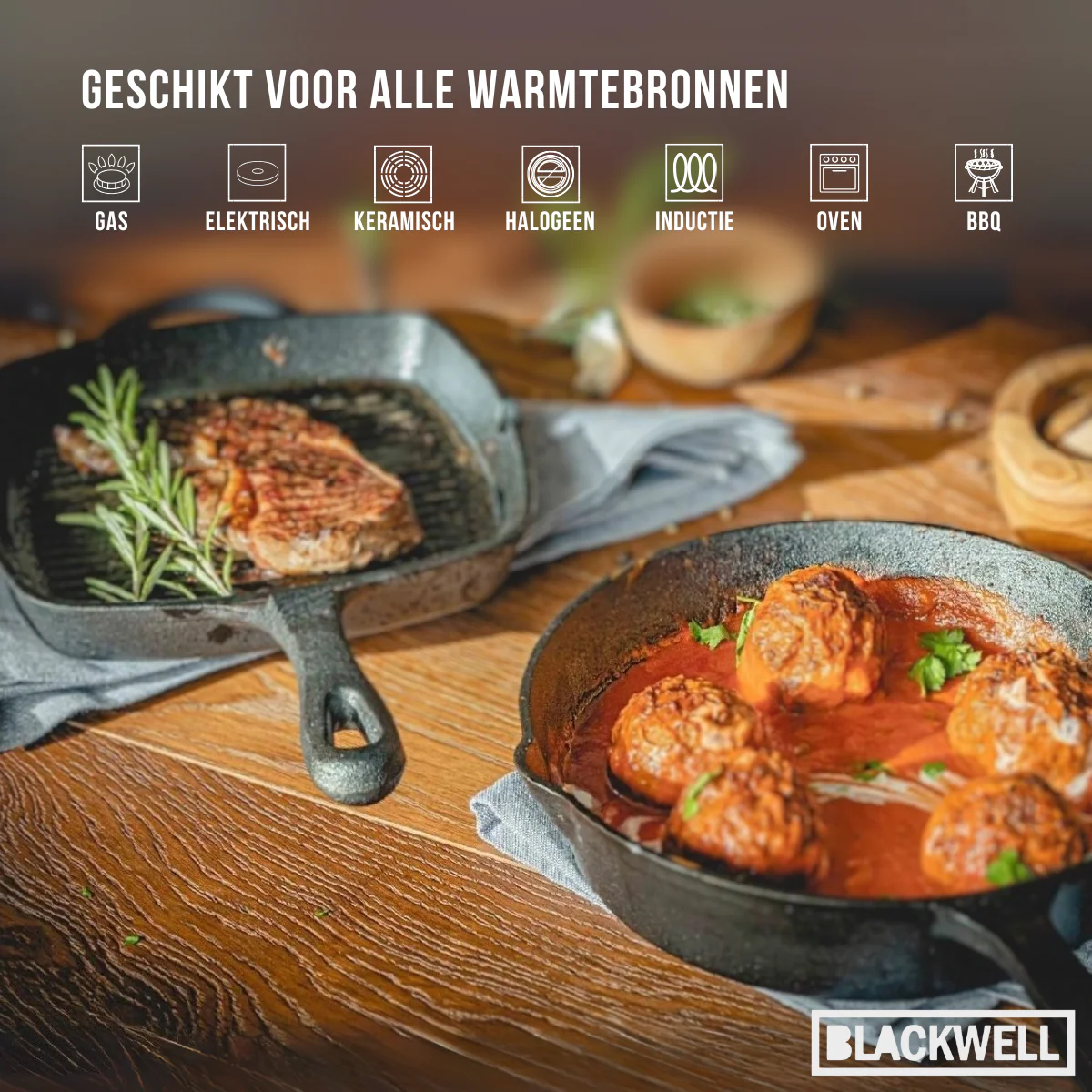 Blackwell Pannenset Gietijzer 2-Delig Koekenpan ø 25 cm & Grillpan 23 x 23 cm - geschikt voor alle warmtebronnen - zonder anti-aanbaklaag - Afbeelding 4