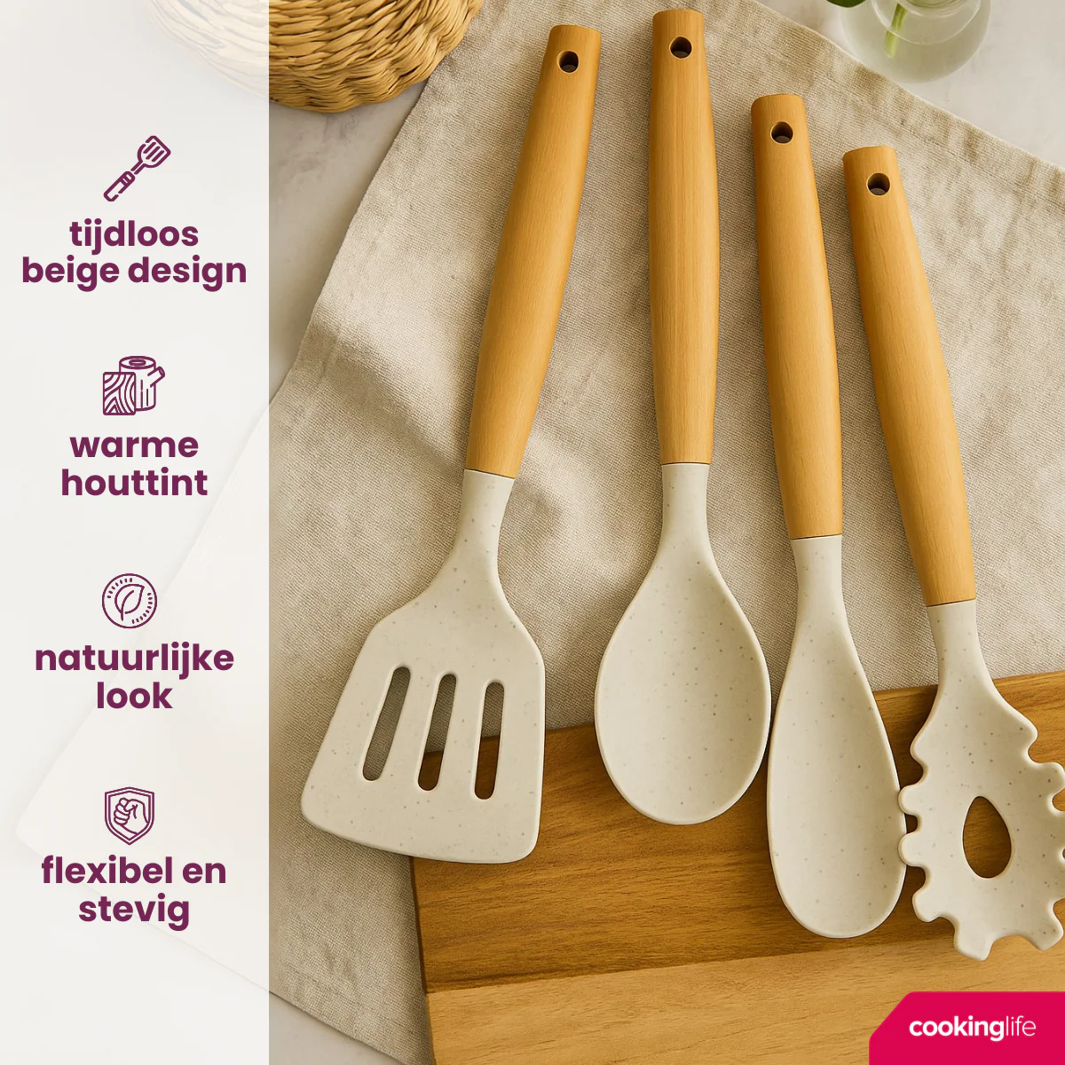 Cookinglife Keukengerei set - Kookgerei set - hout beige 4 delig - Bakspaan, opscheplepel, saladelepel & spaghettilepel - Afbeelding 4