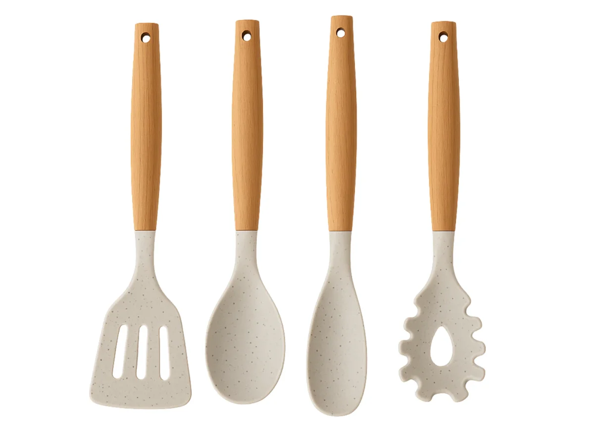 Cookinglife Keukengerei set - Kookgerei set - hout beige 4 delig - Bakspaan, opscheplepel, saladelepel & spaghettilepel - Afbeelding 2